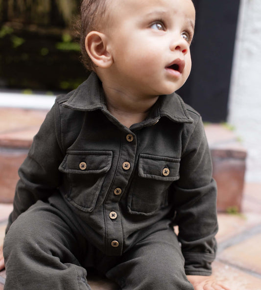 Button Down Organic Cotton Jumpsuit - Shadow