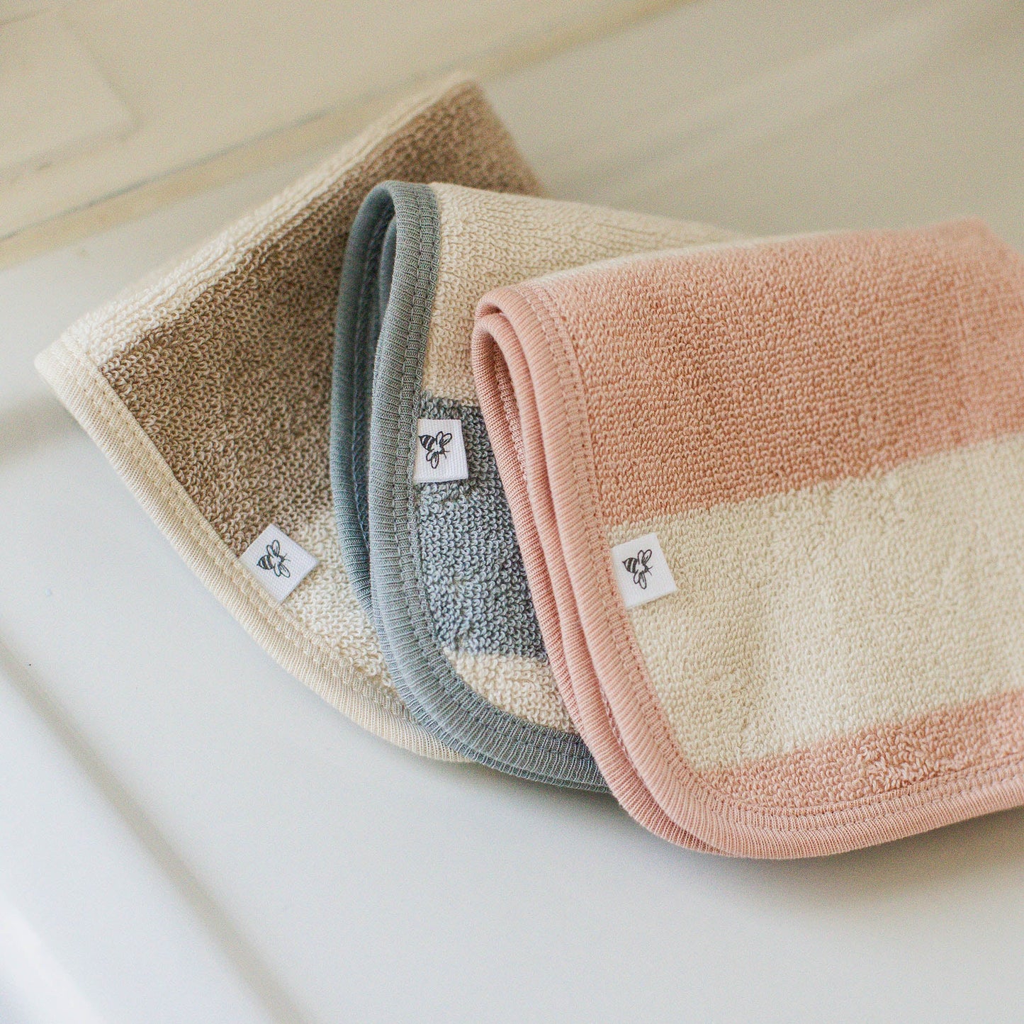 Organic Cotton Rugby Stripe Woven Terry Towel & Washcloth Set - Pink Sand