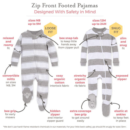 Wandering Elephants Organic Baby Zip Front Loose Fit Footed Pajamas